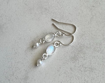 Sterling Silver Moonstone Earrings June Birthstone Birthday Gift Dainty Silver Earrings for Women Lightweight Everyday Dangle Earrings