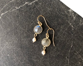 Labradorite & Pearl Earrings | 14K gold filled or sterling silver, blue flash, labradorite earrings, dainty drop earrings, gift for her