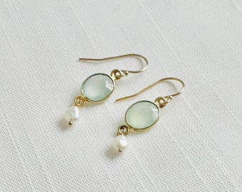 Chalcedony Earrings, Dainty Pearl Earrings, Aqua Gemstone Earrings, Minimalist Gold Filled Jewelry, Dangle Earrings