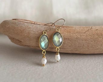 Labradorite & Pearl Earrings, dainty labradorite earrings for women, gold filled, blue green flash, minimalist dangle earrings gift for her