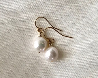 Simple Baroque Fireball Pearl Earrings | 14K gold fill, handmade jewelry pearl earrings, June birthstone jewelry for women, wedding jewelry