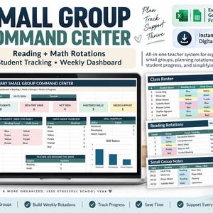May include: A digital small group command center for teachers, featuring a laptop screen displaying a weekly dashboard for reading and math rotations, student tracking, and skill snapshots, alongside printed class roster and rotation sheets.