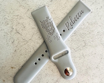 Engraved Highland Cow Apple Watch Band: Personalized Name, 40+ Colors