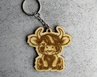 Highland Cow Wood Keychain: Rustic Farmhouse Charm