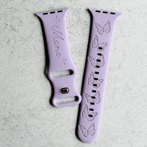 Butterfly Engraved Personalized Name Apple Watch Band fit all Series Apple Watches 1 2 3 4 5 6 7 8 9 Se 1st and 2nd Gen, Women Apple Bands