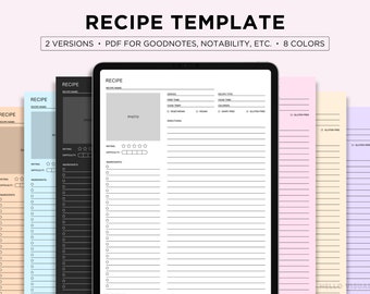 Recipe Book Template Digital, Blank Recipe Page, Cook Book Journal, Recipe Card, Recipe Planner, Recipe Oraganizer, Goodnotes, Notability