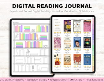 Diario de lectura digital, Planificador de lectura digital, Rastreador de lectura, Planificador digital de lectura, Goodnotes, Estantería, Registro de lectura, Reseña de libros