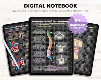 Digital anteckningsbok i mörkt läge, digital journal i mörkt läge, linjerad, rutnät, prickad, tom, Cornell, anteckningssidor i mörkt läge, mallar för iPad-anteckningar