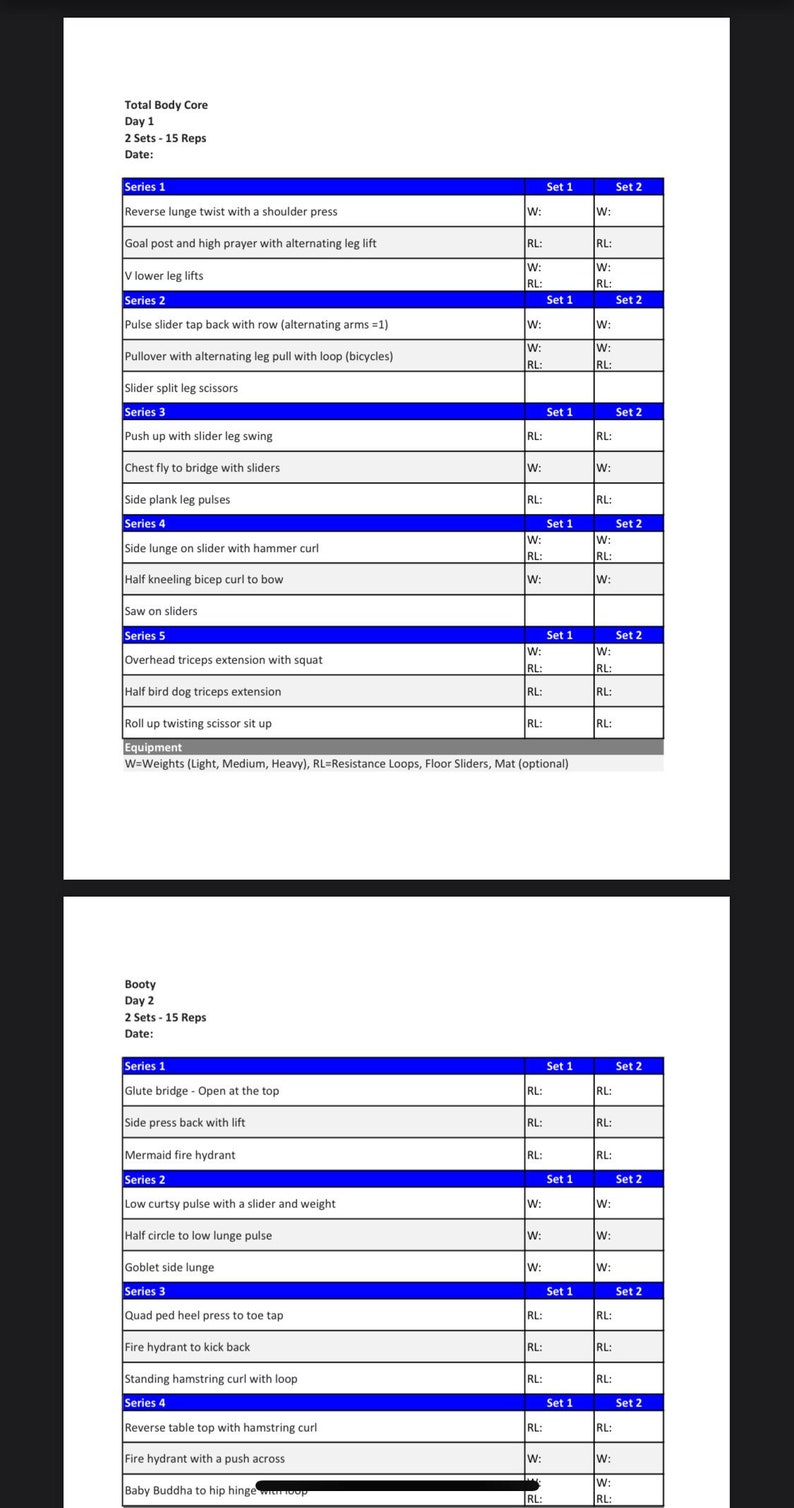 Puede incluir: Tabla de ejercicios de fitness para el cuerpo y los gl&uacute;teos. Incluye ejercicios como zancada inversa con giro, puente de gl&uacute;teo e hidrante. Cada ejercicio especifica series, repeticiones y equipo necesario.