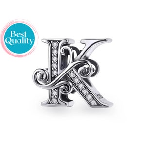 Charm con letra K, Charm con forma de corazón con letra K de diseñador para pulsera Pandora, Regalos para ella, Regalos de cumpleaños para ella
