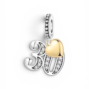 30e Verjaardag Bedel past op Pandora Armband, 925 Sterling Zilver Cijfer 30 Hanger met Goudkleurig Hartje, Cadeau 30 Jaar