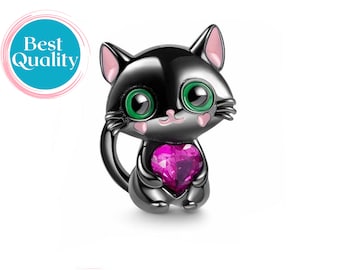 Hart met zwarte kat charme voor Pandora armband, ontwerper charme voor armband, dochter geschenken, beste vriend geschenken