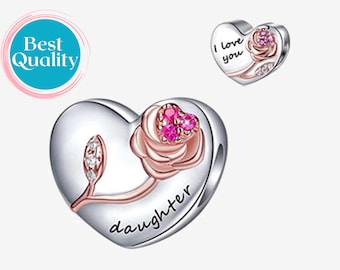 Sterling Silver Daughter Heart Charm with Rose for Pandora Bracelet