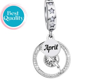 Encanto de piedra de nacimiento de abril para pulsera Pandora, encantos de cumpleaños para pulsera de encanto, encantos del horóscopo, encanto de piedra de nacimiento de abril de diseñador