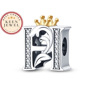 Charm de corona con letra H, Charm con letra H compatible con Pandora, Charms de letras de plata esterlina para pulsera, Regalos de cumpleaños para abuelas, Charm para Pandora