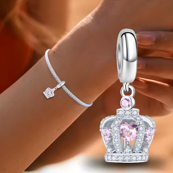 Hoobeads Sterling Silver Princess Crown Charm | 925 Silver Dangle Bead For Bracelet & Necklace | Cubic Zirconia Accent - View #11