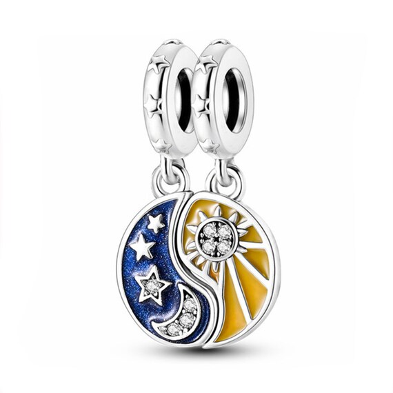 Sterling Silver Sun and Moon Charm: Enamel Pandora Fitting