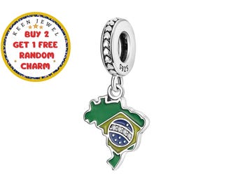 Sterling Silver Brazil Map Charm: Enamel Flag, Pandora Compatible