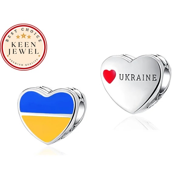 Ukraine Flag Heart Charm For Bracelet, Gifts For Her, Birthday Gifts For Mother, 925 silver heart charm