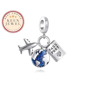 Aarde- en paspoortbedel - sterlingzilver en email, sieraden met reisthema voor Pandora-armbanden, wereldbol en paspoorthanger, cadeaus voor haar
