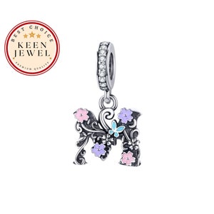 Encanto colgante M, encanto de flor M, encanto de letra M para pulsera, encanto de letra para pulsera, regalos de abuela