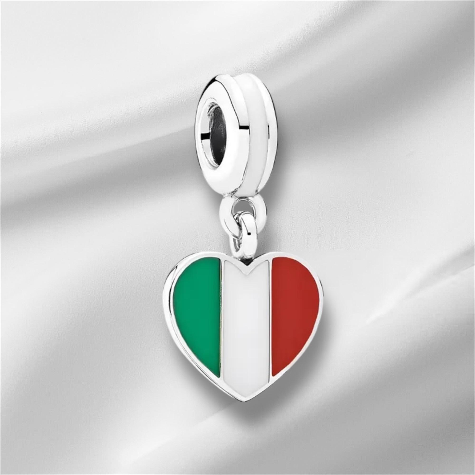 スターリングシルバー製イタリア国旗ハートチャーム - パンドラ互換 