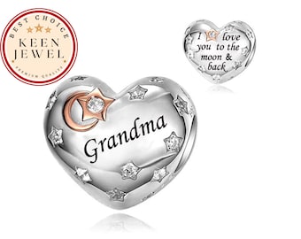 Charm coeur grand-mère pour bracelet Pandora, breloque coeur grand-mère de créateur pour bracelet Pandora, cadeaux d'anniversaire pour grand-mère