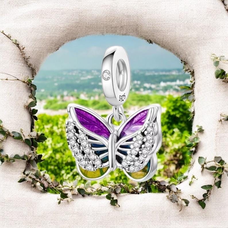 S925 スターリングシルバー パープル バタフライブレスレット レディース キュートでチャーム リストブレスレット ジュエリーギフト レディース テ パープルバタフライチャーム：925スターリングシルバーパンドラ