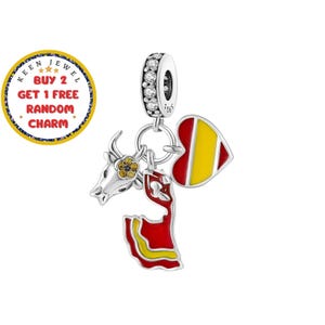 Ciondolo a forma di cuore con bandiera spagnola: pendente in argento sterling smaltato per bracciale Pandora.