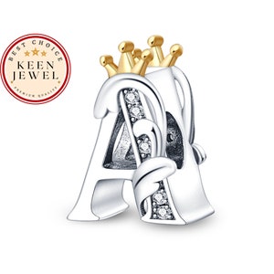 Charm de corona con letra A, Charm de letra A compatible con Pandora, Charms de pulsera personalizados, Charms de letras para pulsera, Regalos de cumpleaños para ella