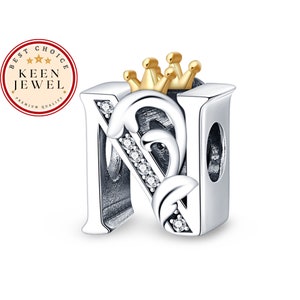 Charm de corona con letra N, Charm de letra compatible con Pandora, Charm de plata de ley N para Pandora, Charms de letras para pulsera, Regalos de cumpleaños para ella