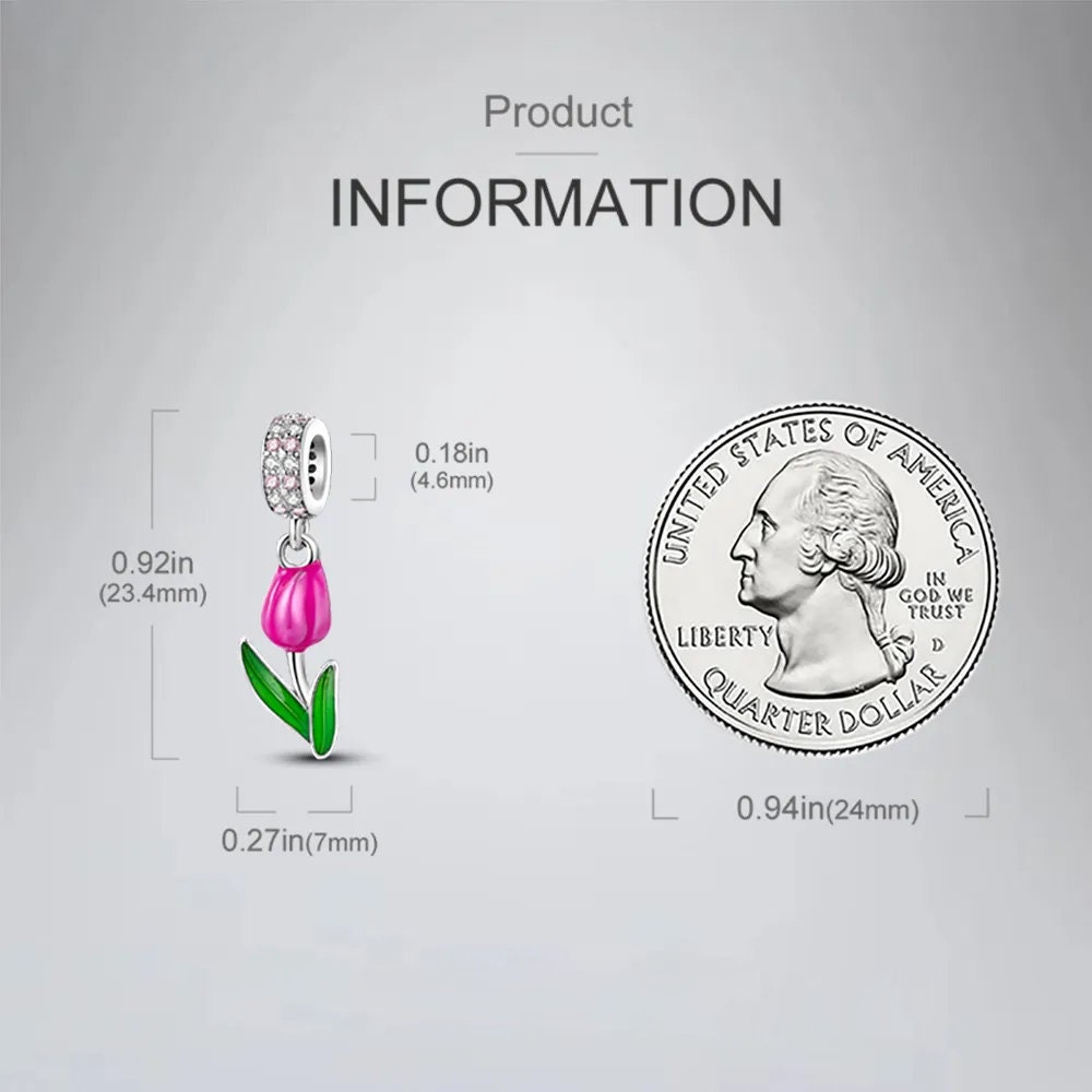 Ciondolo A Forma Di Tulipano In Argento 925 - Charm Per Bracciale Originale - Gioiello Fiore Elegante, Fatto A Mano, Foro 4.5 Mm - 3