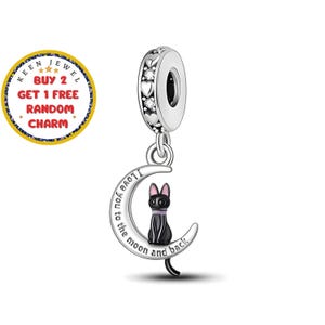 Charm de gato negro y luna: Charm de pulsera Pandora de plata de ley esmaltada