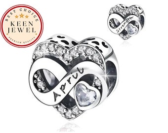 April Birthstone Forever Charme voor armband, April Birthstone Heart Charme voor armband, 925 Sterling Zilver April Birthstone Charm
