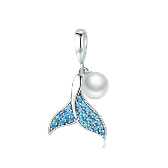 Sterling Silver Mermaid Tail Charm - Blue Enamel & Pearl Bead For Bracelets