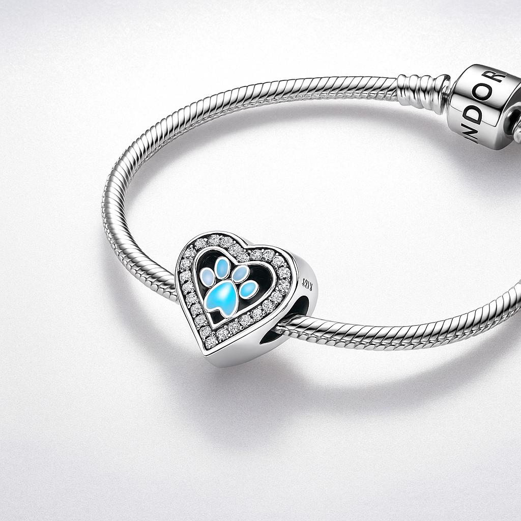 極美品☆PANDORA ブレスレット シルバー925 チャーム付き ハート 肉球 パンドラブレスレット用スターリングシルバー製ブルーの肉球ハート