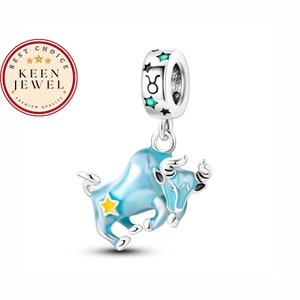 Sterling Silver Taurus Zodiac Charm: Colorful Pandora Compatible Bracelet Charm