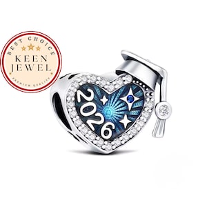 Graduation 2026 Heart Charm – Sterling Silver Galaxy Blue Graduation Cap Bracelet Bead
