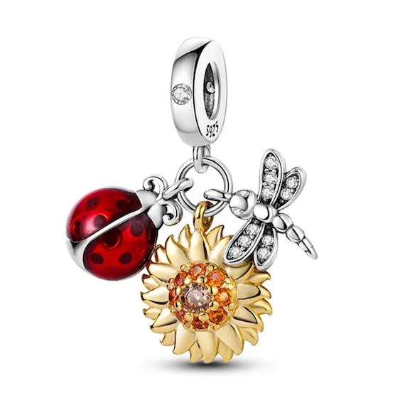 Sterling Silver Sunflower, Ladybug, Dragonfly Charm for Pandora