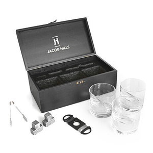 3 Cigar Glass Box Gift Set - Perfect for Whiskey Lovers, Cigar Aficionados, Whiskey Rocks Glass, Whiskey Stones, Cigar Holding Glass