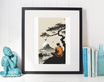 Affiche de peinture de moine japonais traditionnel - Affiche Zen - Art Zen - Mont. Fuji Art - Affiche du Mont Fuji - Affiche de studio de yoga - Affiche bouddhiste