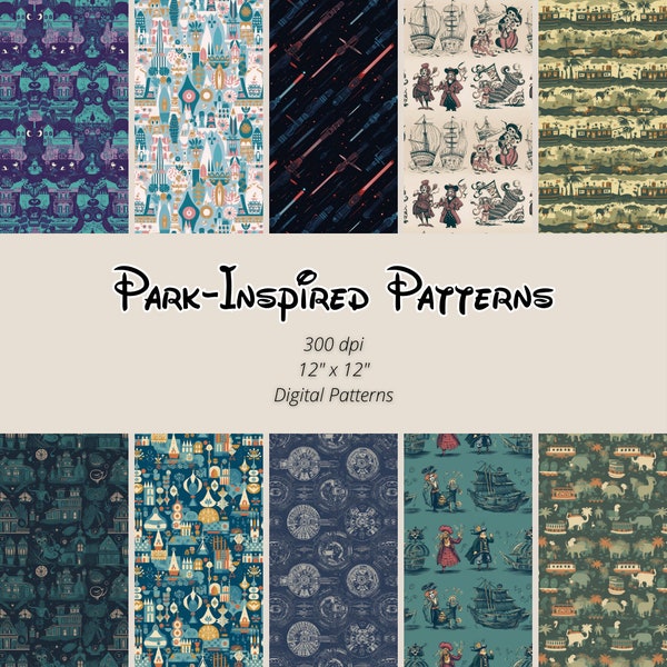 Disneyland-Inspired Seamless Digital Patterns Pack 1 / Digital Paper / Scrapbook Paper / Modern and Minimalistic Patterns / Fairytale Castle