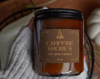 Campfire S’mores Soy Candle, Vegan Wooden Wick, 8oz Amber Jar