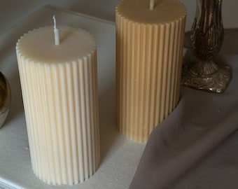 Ribbed Soy & Beeswax Pillar Candle, Aesthetic Decor