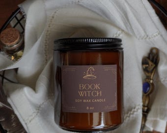 Book Witch Candle, Amber & Fig Scented, Wooden Wick