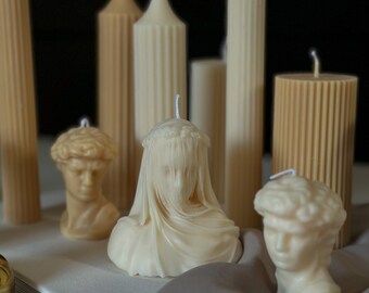 Greek Bust Candle Set – Veiled Lady and David or Zeus– Sculpture Decor Gift – Gothic Home Accent