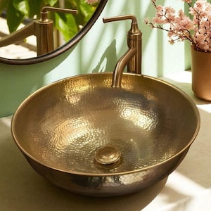 Handmade Brushed Brass Bathroom Sink: Round Vessel Vanity Bowl