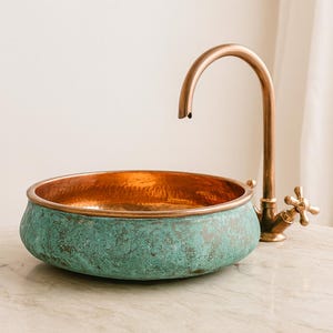 Oxidized Copper Vessel Sink – Green Patina Rustic Farmhouse Bathroom Vanity Basin, Handmade Artisan Washbasin