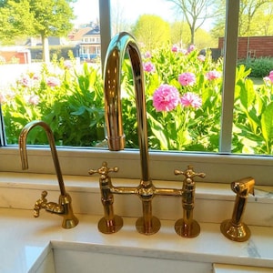 Three Columns Unlacquered Brass Kitchen Bridge Faucet With Side Sprayer,VintageCopperDecor