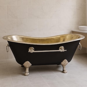 Handmade Brass Clawfoot Bathtub: Black & Gold Soaking Tub with Towel Holder
